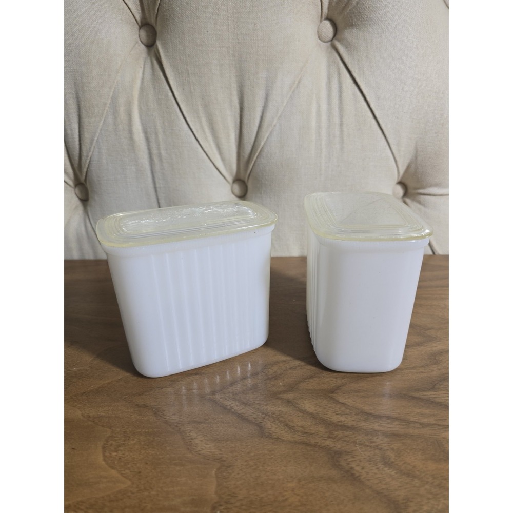 Set of 2 vintage Hazel Atlas milk glass refrigerator boxes with lids circa 1950s